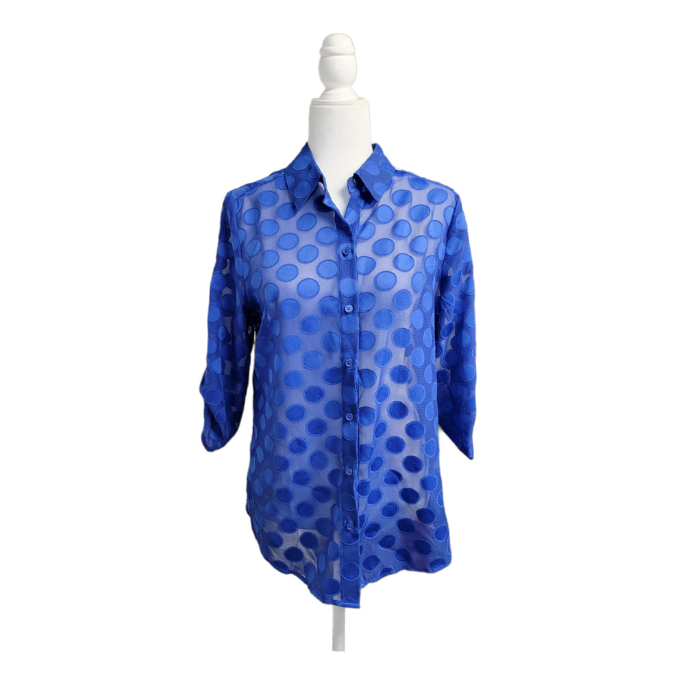 Chicos Size 1 Med 8 Polka Dot Button Down Blouse Roll Tab Sleeves Blue